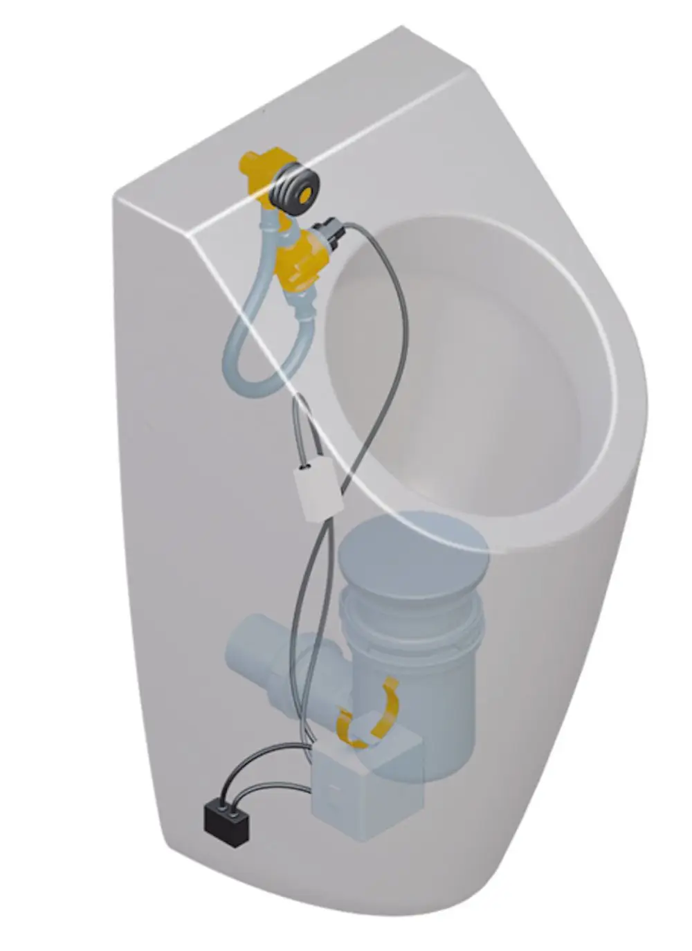 Schematische Darstellung der inneren Komponenten eines Urinals mit Radarsteuerung von Villeroy Boch, einschließlich Wasseranschluss und Abflussmechanismus.